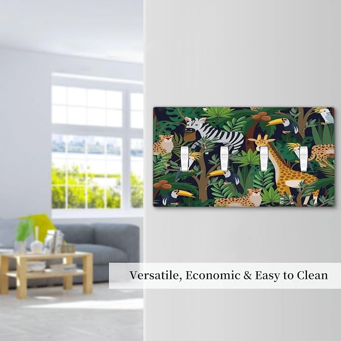 Cartoon Animal Zebra Leopard Giraffe Bird Leaf Quad Toggle Nursery Light Switch Covers Decorative 4 Gang Wall Plate Electrical Faceplate Switchplate for Kidroom Bedroom Bathroom Decor