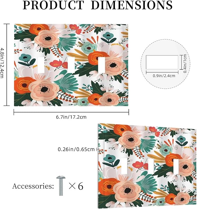 Rustic Floral Boho Colorful Flower 3 Gang Light Switch Covers Triple Toggle Wall Plate Decorative Switchplate Electrical Faceplate for Farmhouse Bathroom Bedroom Kitchen Decor