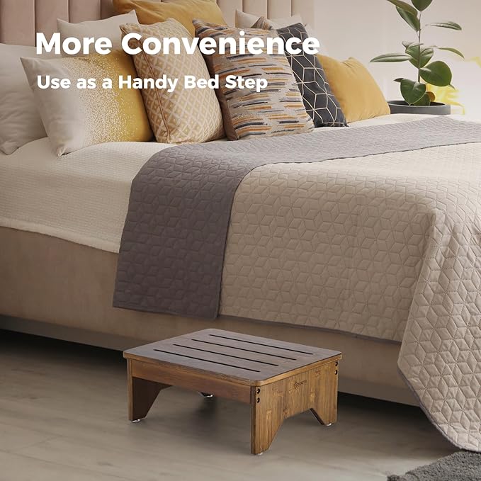 StrongTek Bamboo One Step Stool for Adults, 15" x 12" Bedside Step for High Beds, 300 Lbs Capacity, Non-Slip Bed Foot Stool with Rounded Edges, for Bathroom, Bedroom, Garden, Kitchen (Brown)