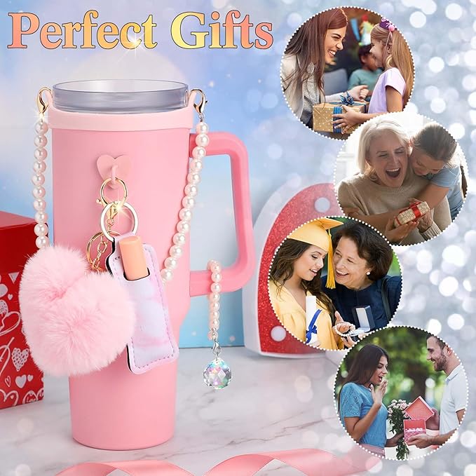 Water Bottle Accessories Set with Silicone Water Bottle Handle with Strap Hanging Charms Compatible with Stanley Cup(Pink)