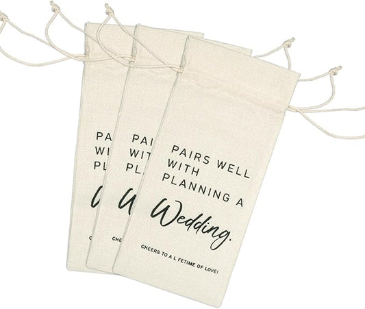 SHIDOW Wedding Wine Bag, Linen Wine Bottle Bags, Bride and Groom Gift,Wedding Gift,Reusable Wine Bag -Pairs Well With Getting Married (3Pcs)