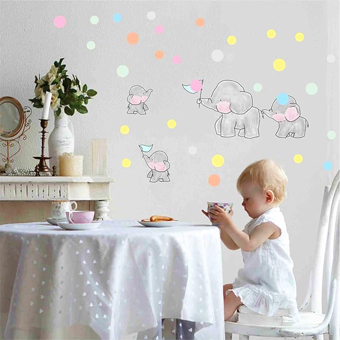 Elephant Wall Decal Animal Colorful Dots Wall Art Sticker Decor for Kids Bedroom Baby Nursery Removable Home Background Decoration