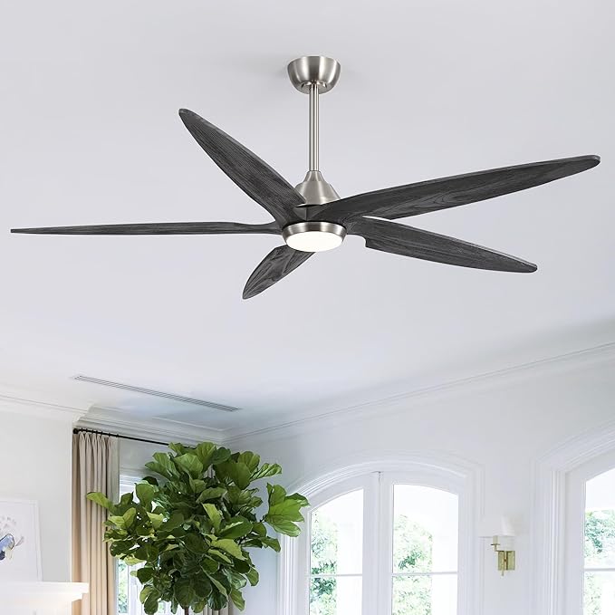 Modern Ceiling Fan with Lights and Remote, 5 Solid Wood Reversible Blades, 6-Speed Noiseless DC Motor with Replaceable Downrods for Bedroom Living Room Dining Room (Nickel and Gray, 64")