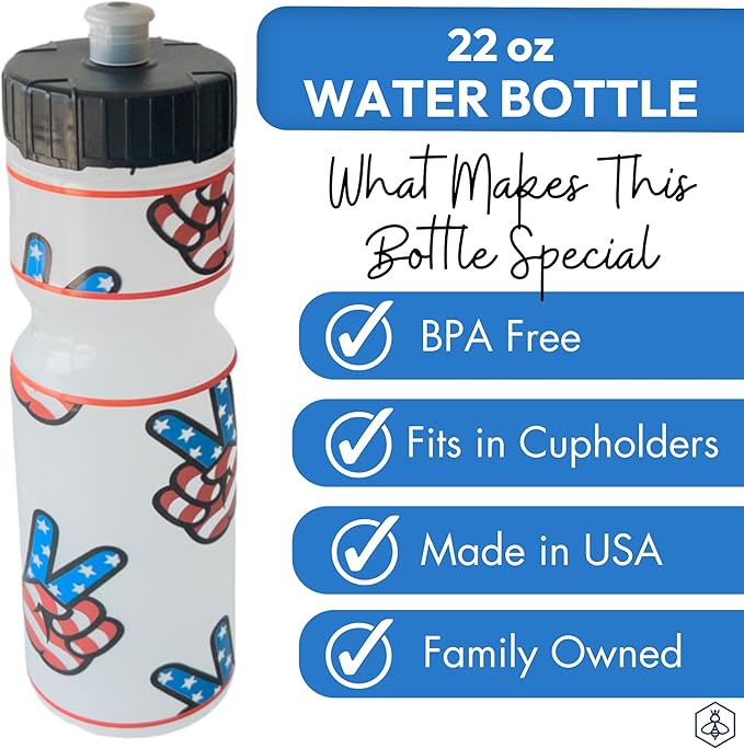 Kids Water Bottle | 22 oz. BPA- Free Sports Squeeze Water Bottles with Pull Top Cap |Perfect Water Bottle for School | Reusable & Durable for Boys & Girls | Made in USA (Patriotic Peace Signs)