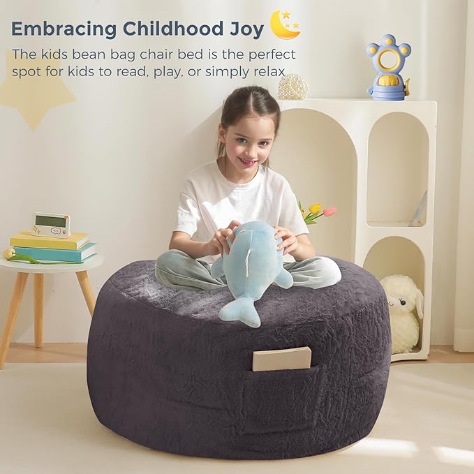 MAXYOYO Bean Bag Chair Bed for Kids, Convertible Bean Bag Folds from Lazy Chair to Floor Mattress Bed, Stuffed Floor Sofa Couch for Boys and Girls, High-Density Foam Filling, Dark Grey