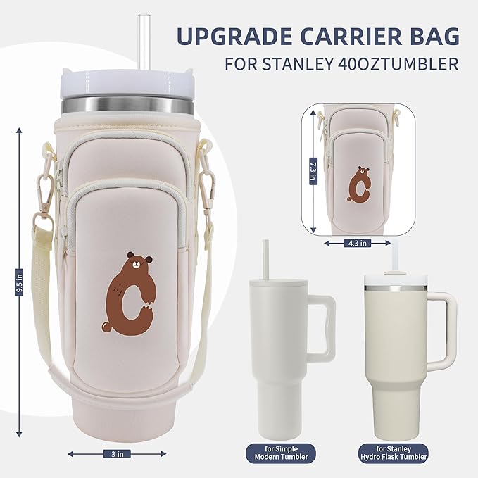 Water Bottle Carrier Bag with Phone Pocket for Stanley 40 oz Tumbler Neoprene Water Bottle Holder Pouch with Adjustable Strap Bollus with Straw Cover & Carabiner for Stanley Cup Accessories