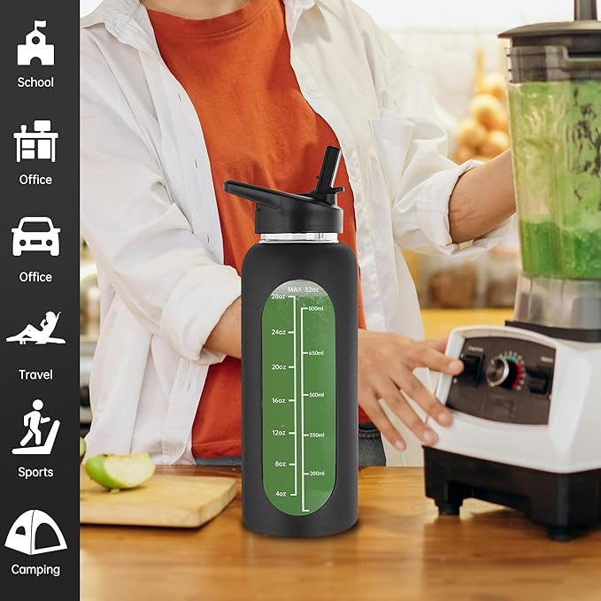 SIEROZUR 32 oz Glass Water Bottle with Straw and Handle Large Sports Motivational Water Bottle with Time Marker and 2 Lids, Leakproof Reusable Water Jug with Silicone Sleeve for Gym