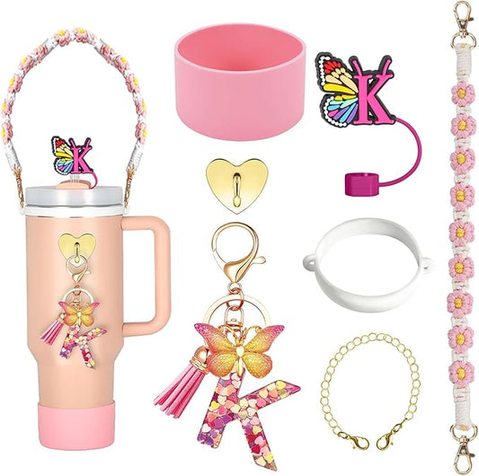SPORCLO Stanley Cup Accessories Include Silicone Stanley Straw Cover, Butterfly Letter Keychain Charms, Water Bottle Handle Strap, Boot and Chain for Stanley Cup 30oz 40oz Tumbler