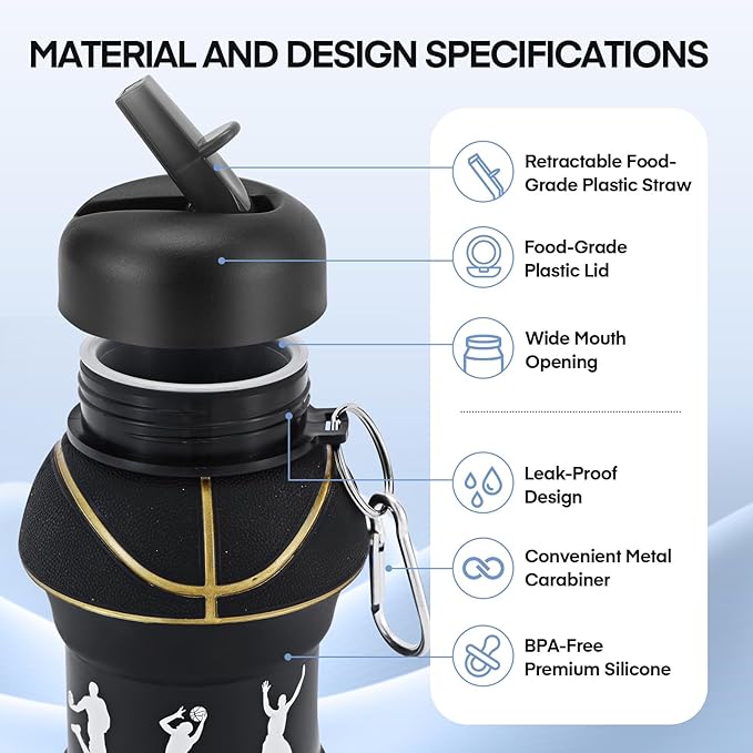 Kids Sports Collapsible Water Bottle | Ball Shaped Drinking Cup | Foldable BPA Free Leakproof Lightweight Silicon Jug | School Lunch Mug Team Gift Travel (Basketball Black 550ml/18.6oz)