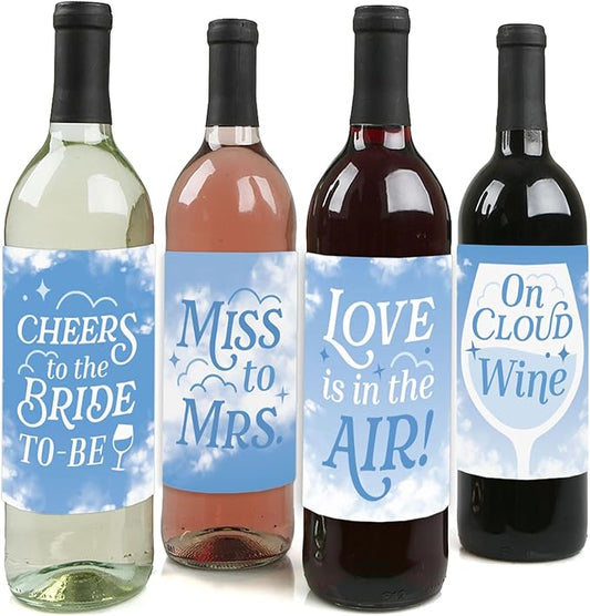 Big Dot of Happiness On Cloud 9 - Bridal or Bachelorette Party Decorations for Women and Men - Wine Bottle Label Stickers - Set of 4