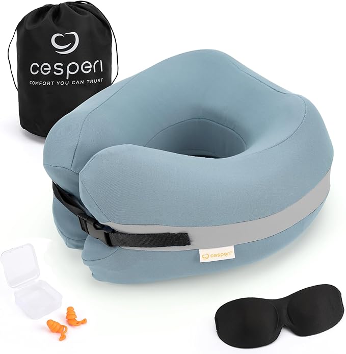 Travel Neck Pillow Premium Memory Foam, Head Support, Comfortable and Soft for Flight and Trip. Airplane Traveling Kit with Contoured Eye Mask, Triple Layer Earplug, and Travel Bag (Ice Blue)