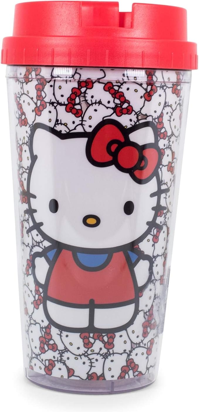 Silver Buffalo Sanrio Hello Kitty Pattern Double Wall Travel Tumbler w/Slide Close Lid, 20 Ounces, 16oz Allover Faces, 1 Count (Pack of 1)