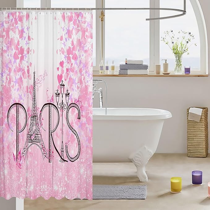 Feelyou Eiffel Tower Shower Curtain 72"x72" Kids Romantic Paris Bathroom Shower Curtain Set for Boys Girls Teens Pink Butterfly Bath Curtain Modern French Botanical Floral Print Bathroom Accessories