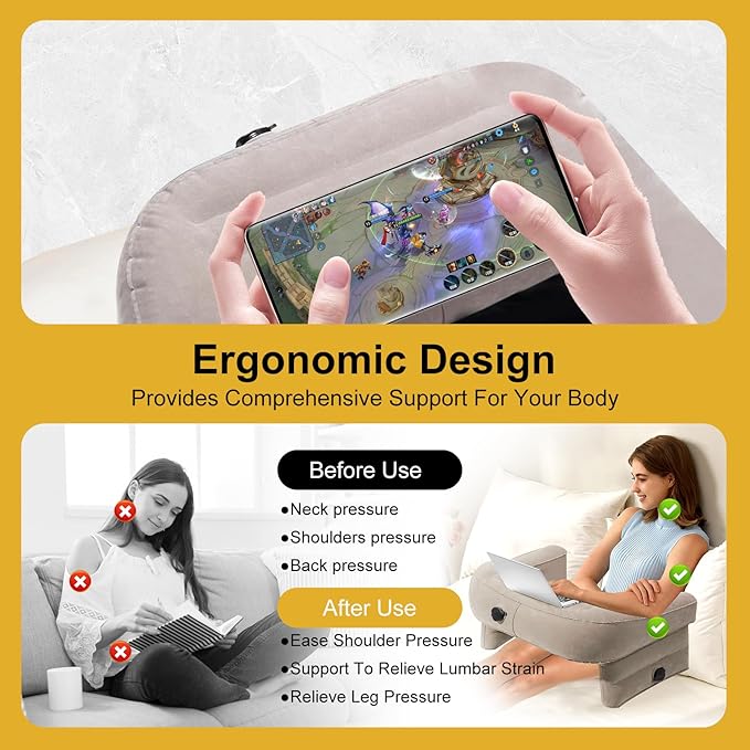 Inflatable Gaming Pillow for Lap Portable Reading Pillow Adjustable Lap Desk Pillow for Adult Student Reading Gaming Studying in Bed Couch Floor