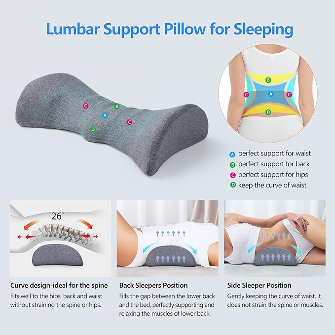 Cozyhealth Lumbar Support Pillow for Sleeping Memory Foam Back Lumbar Support Cushion for Lower Back Pain Relief, Back Support Bed Pillow Waist Support Back Sleepers (Dark Grey)