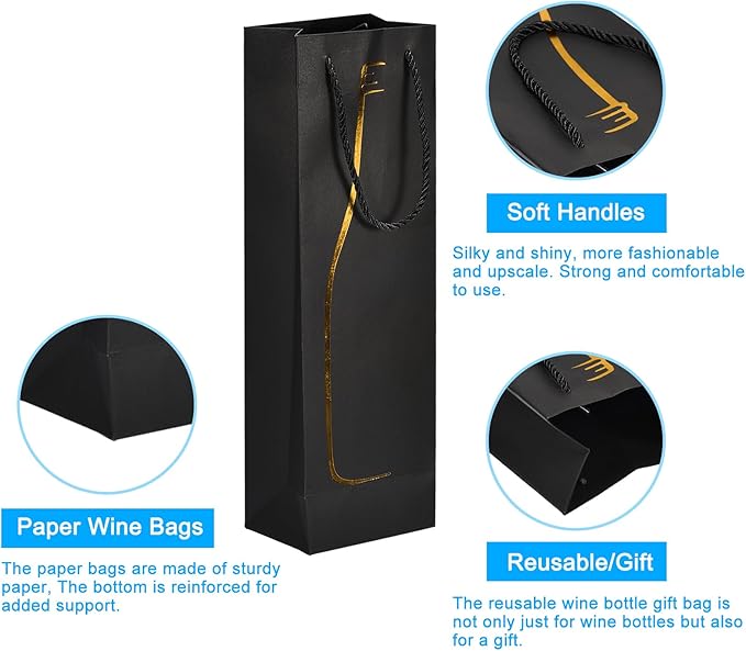 uxcell Wine Bags, 1pcs Black Gold 5 x 4 x 15 In Wine Gift Bags with Rope Handles Paper Wine Tote Bag for Wedding Birthday Christmas Party Supplies