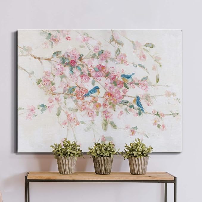Renditions Gallery Canvas Nature Wall Art Modern Paintings & Prints Decor Romantic Blossomed Bluebirds Abstract Botanical Wall Hanging Artwork for Bedroom Office Kitchen - 24"x36" LT33