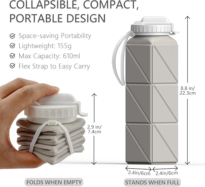 Collapsible Water Bottles, Silicone Foldable Portable Water Bottle 610ml, Lightweight Reusable Leakproof for Travel Camping Hiking Cycling Yoga Sports Outdoor