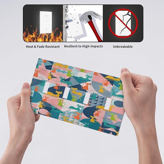 Mid Century Modern Atomic Cute Cats Quad Toggle Light Switch Covers 4 Gang Wall Plate Decorative Switchplate Electrical Faceplate for Kidroom Nursery Bedroom Decor