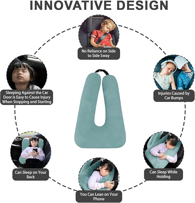 Travel Pillow, Travel Pillow for Kids, Sleeper Hold Pillow Travel, Removable U-Shaped Pillow for Adults and Children to Support Head and Body in The Back Seat of Long Car Trips (Green)