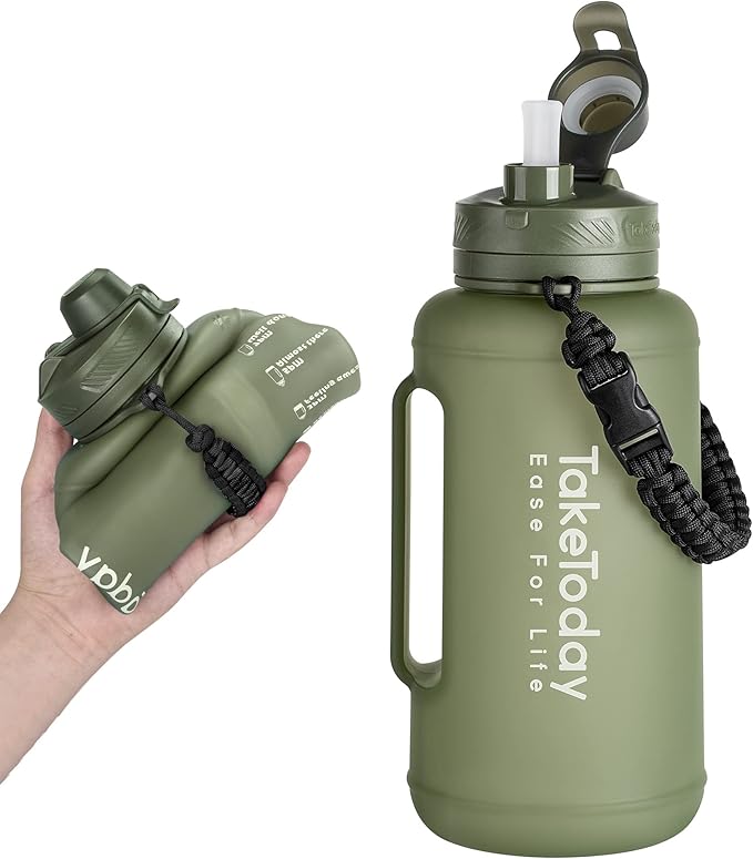 Large Collapsible Water Bottles 68oz, Leak Proof, BPA-Free, Foldable Gallon Silicone Water Jug with straw Time Marker Paracord Handle for Traveling, Hiking, Outdoors (Army Green)