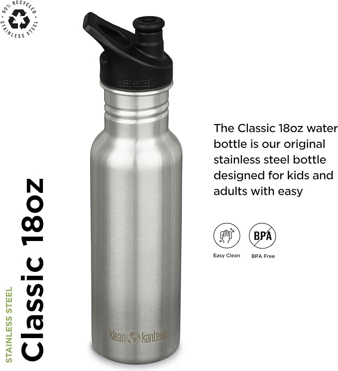 KLEAN KANTEEN Classic Narrow Sport Cap Brushed Stainless Bottle 532Ml, 1 EA
