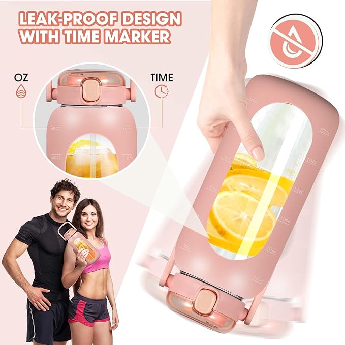Glass Water Bottles 64 oz - Large Half Gallon Motivational Glass Water Bottle with Time Marker Straw Phone Holder Handle, 64oz Daily Water Intake Jug with Silicone Sleeve for Office Work Gym Pink