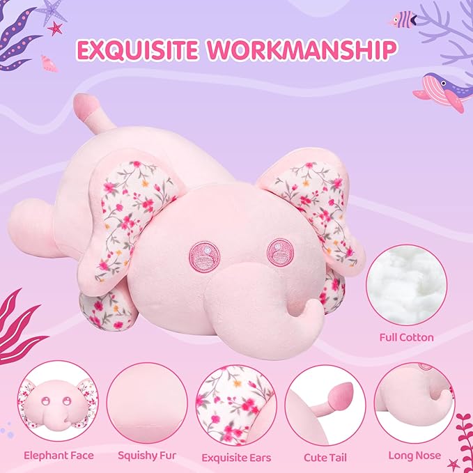 Cute Elephant Plush Pillow, Kawaii Plushies Pink Elephant Stuffed Animals, Squishy Plushies, Cuddle Plush Pillow for Boys & Girls