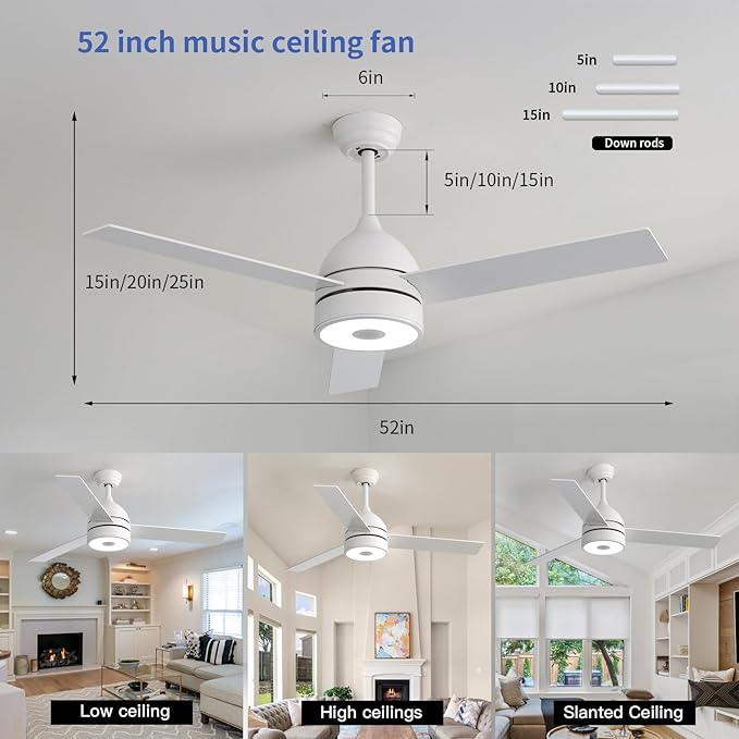 52 Inch Ceiling Fan With RGB Dimming LED Light,With Music Bluetooth Speaker,Remote Control,3-Speed Regulation, Reversible Motor,Timing,For Living room,Bedroom,Restaurant,Outdoor