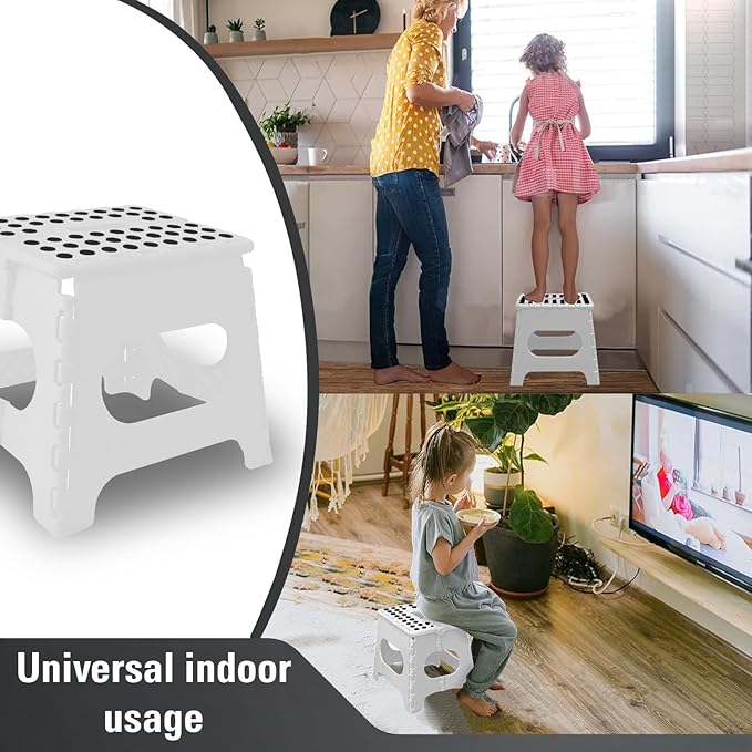 Compact 11" Folding Step Stool - Lightweight, Durable & Sturdy - Non-Slip Feet for Safety - Perfect for Kitchen, Bathroom, Kids - Supports Up to 300 Lbs - White - Easy to Store and Use