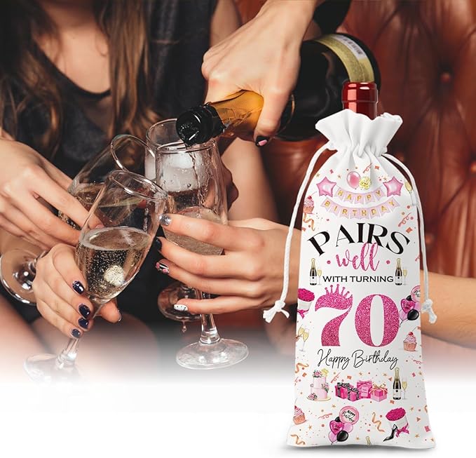 70th Birthday Gifts for Women Men Wine Bag, 70 Year Old Birthday Gifts for Woman Man, 70th Birthday Party Decorations Men for Women, Pairs Well with Turning 70 Wine Bags (White Pink)