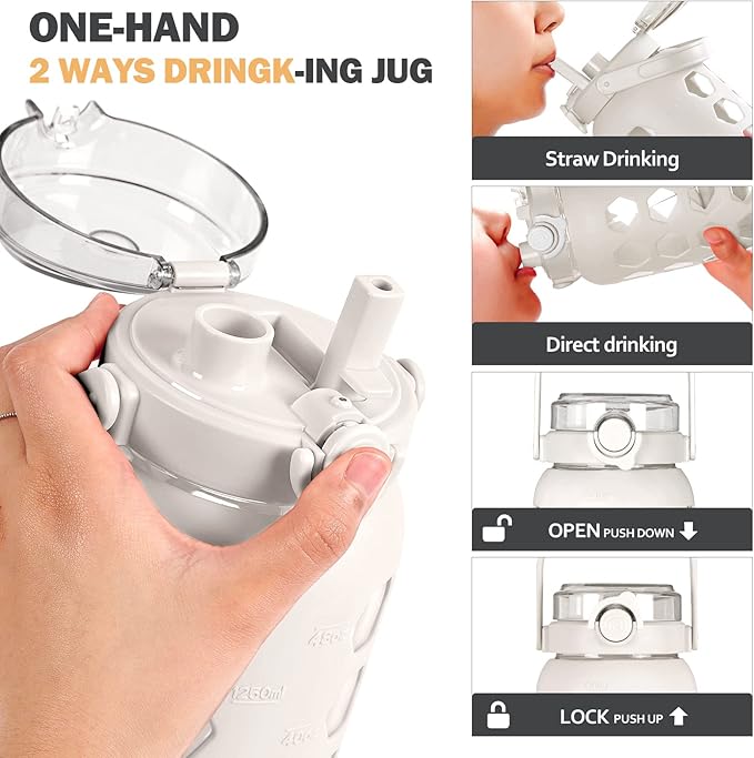 MUKOKO 56oz Glass Water Bottles with Straw and Lid,Motivational Water Jug with Time Marker Reminder and Silicone Sleeve,100% Leakproof BPA Free Fitness Sports Large Bottle-White