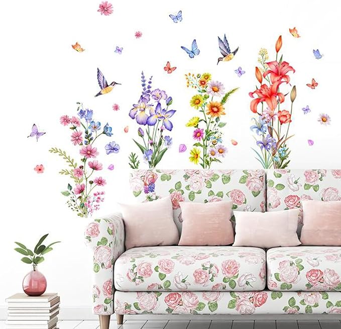 2PCS Colorful Flower Butterfly Wall Stickers, Removable DIY Cartoon Flower Blossom Wall Murals Stick 3D Wall Art Stickers Home Decor for Girls and Boy Bedroom Living Room