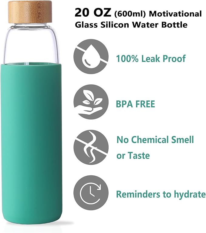 Laster Glass Water Bottle 20 Oz, 600 ml, made of Borosilicate Glass, 1 Bamboo & 1 Stainless Steel Lid, BPA Free, Non-Slip Silicone Sleeve (Leafy Green)