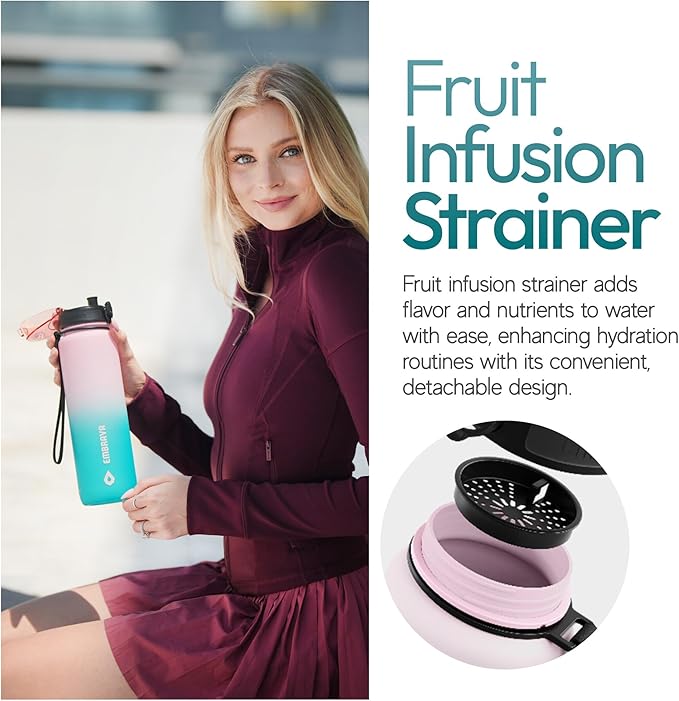 Embrava Sports Water Bottle - 32oz Large - Fast Flow Quick Sip Lid - BPA & BPS Free - Leakproof, Flip Top - Lightweight & Sturdy Tritan Plastic - Strainer for Fruit & Ice