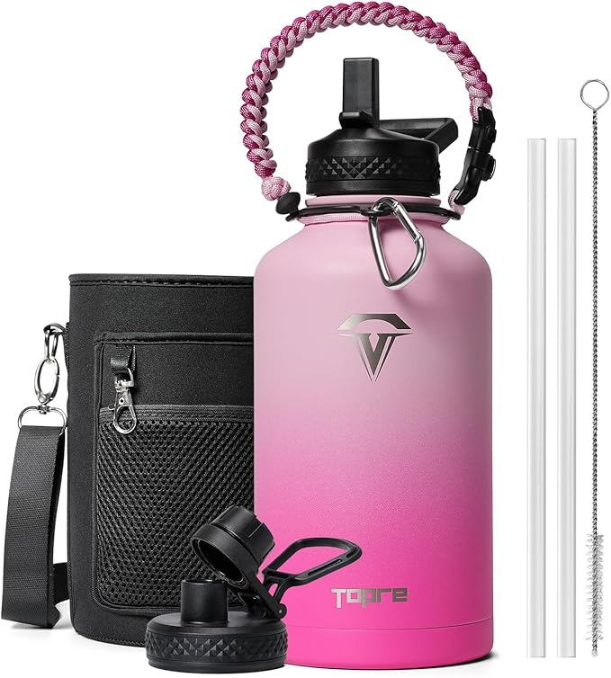 Half Gallon Water Bottle,64oz Insulated Water Bottle Stainless Steel Vacuum,Cold for 48 Hrs,BPA-Free & Leakproof -with Paracord Handle,Strap,Straw Spout Lids,Big Flask Jug for Gym Sports,Pink