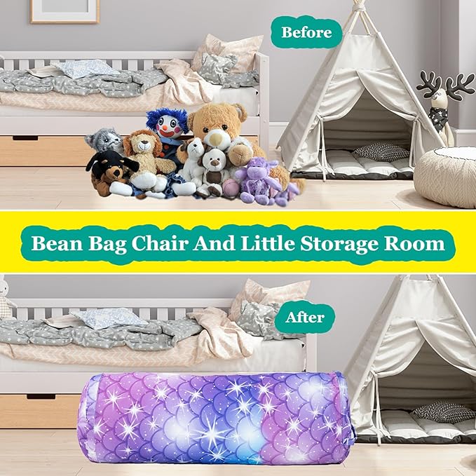 Stuffed Animal Bean Bag Storage Chair for Kids Cover Only (No Filler), Organize, Sit, Play & Boxing, 100% Cotton Canvas Washable, Ultra Soft Cylinder Long Vertical Zipper Best Gift for Child