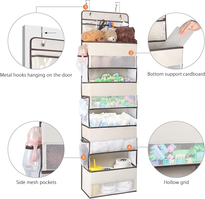 Univivi Over Door Hanging Organizers and Storage Nursery Closet Cabinet Baby Storage with 4 Large Compartments 2 Small PVC Pockets with 6 Side Pockets for Cosmetics, Toys and Sundries (Beige)