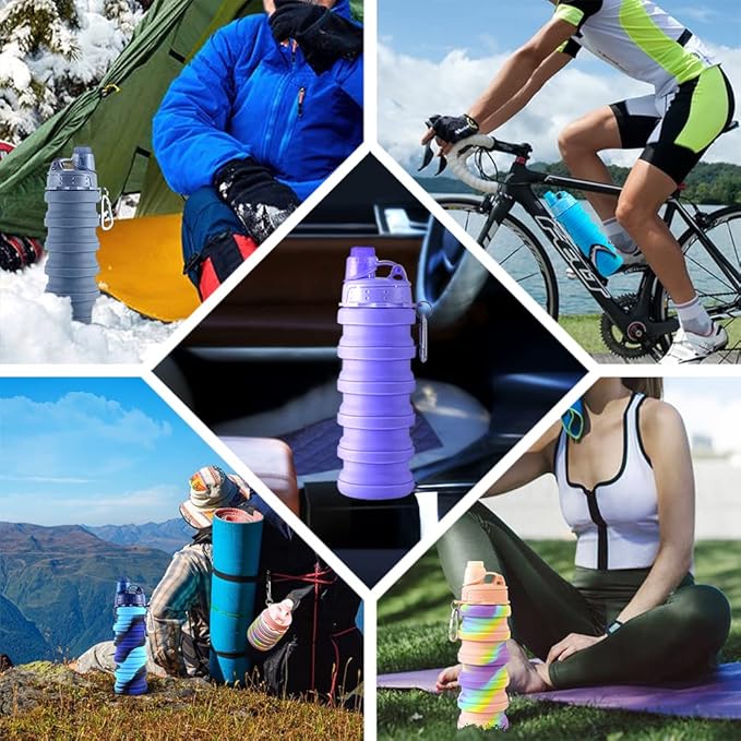 Collapsible Water Bottles 2 pack Travel Water Bottle Portable Hiking Water Bottle with Leak proof Twist Cap 500ML Reusable BPA Free Silicone Water Bottles (Style1, Blue+Rainbow)