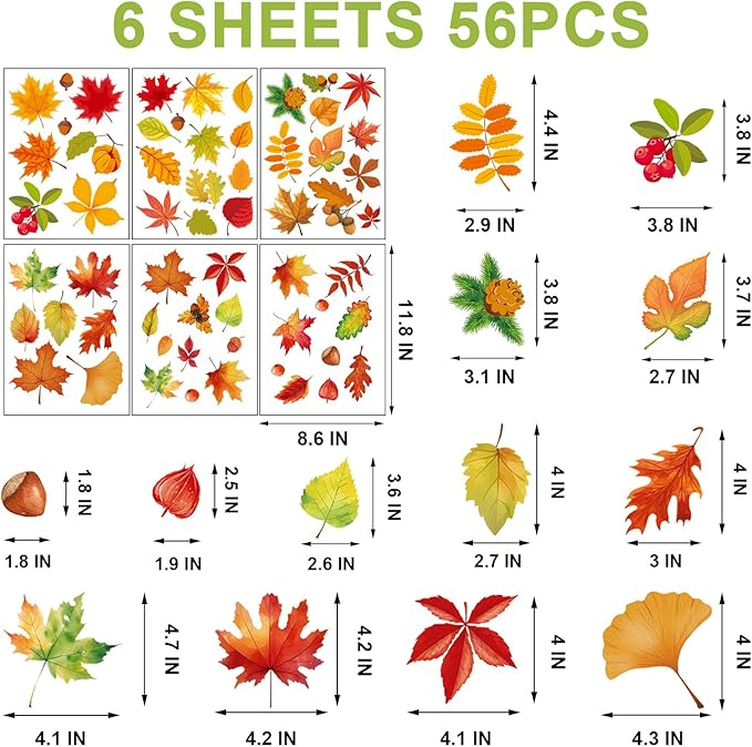 Fall Maple Leaf Window Clings for Glass Windows Autumn Window Static Stickers Double-Sided Leaves Cone Hazelnut Window Door Cling Removable Reusable Stickers Thanksgiving Window Door Decoration