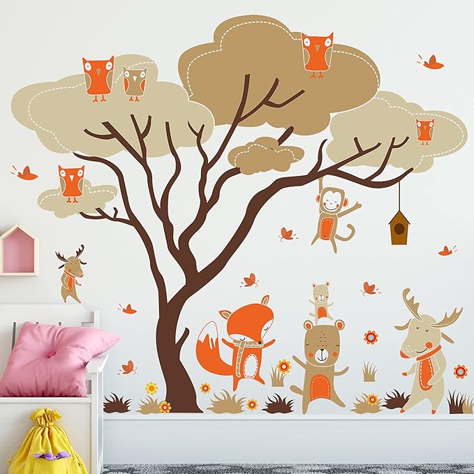Woodland Animals Large Tree Wall Stickers Fox Deer Monkey Owl Wall Decals Removable DIY Peel and Stick Wall Decor for Kids Baby Bedroom Living Room