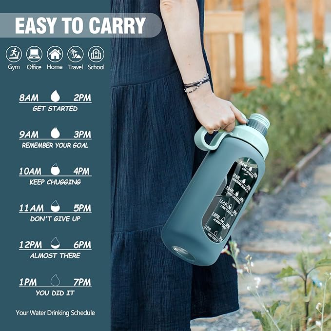 MUKOKO 64oz Glass Water Bottles with Straw, Half Gallon Water Bottle with Time Marker, Motivational Water Bottle with Silicone Sleeves,Large Glass Water Bottle for Gym,Working,Outdoor,Blue