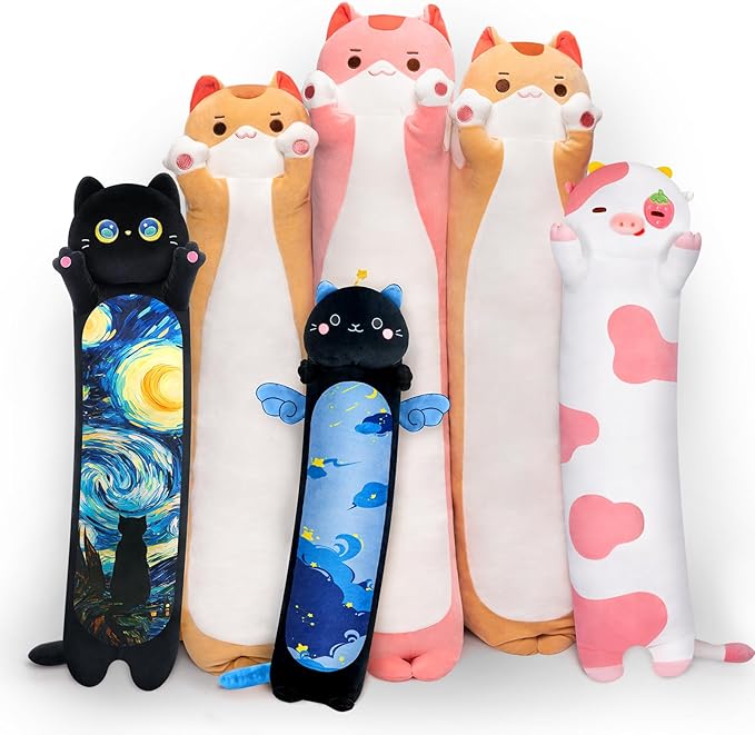 Long Cat Plush Kawaii Body Pillow, 44” Cute Brown Cat Stuffed Animals Soft Plushies, Orange Kitten Plush Throw Pillow Doll Toy Gift for Girlfriend