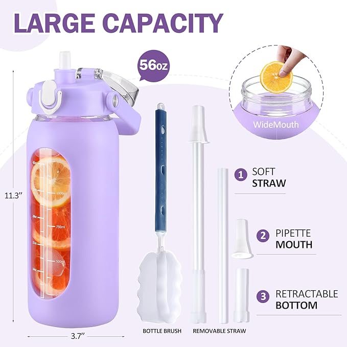 kytffu 56oz Glass Water Bottles with Straw, Motivational Glass Bottle with Silicone Sleeve and Time Marker, Leakproof Large Glass Water Jug for Gym Home Office,Purple