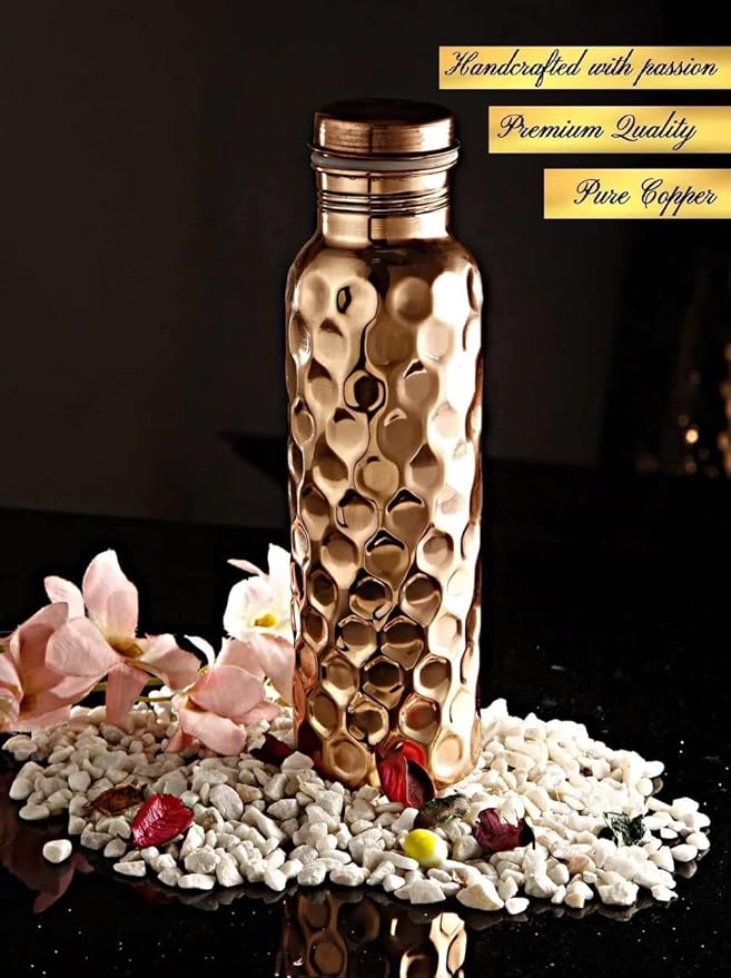 Copper Water Drinking Bottle Ayurvedic Health Benefits Diamond Pattern Water Bottle (1 Bottle)