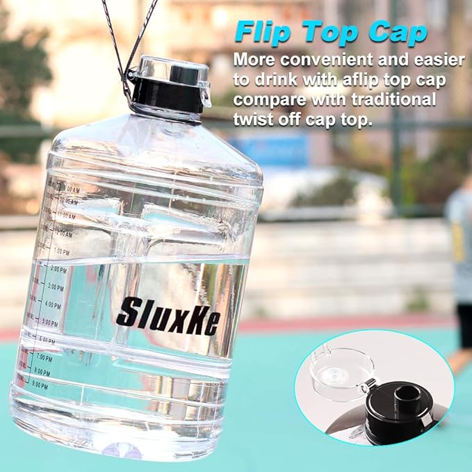 Gallon Big Water Bottle with Handle, 128oz Leakproof BPA Free Fitness Sports Water Bottle with Motivational Time Marker & Wide Mouth Ensure You Drink More Water