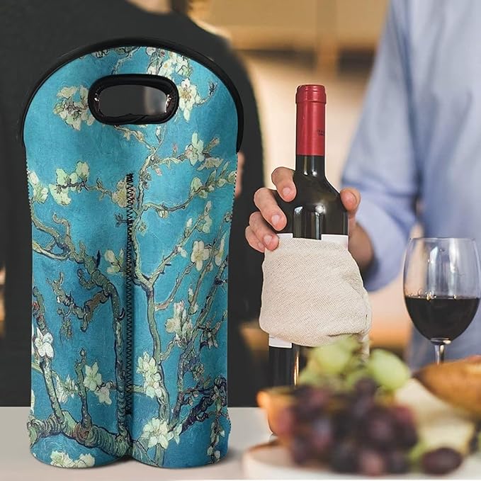 doginthehole Almond Blossom Wine Bag 2 Bottle Wine Carrier Case Reusable Wine Bottle Tote Neoprene Wine Bottle Protective Sleeve Portable Wine Carrying Bag with Handle