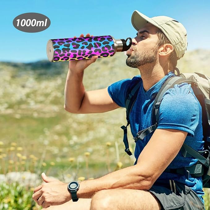 senya 20 Oz Water Bottle with Straw Leopard Print Cheetah Neon Gradient Stainless Steel Water Bottle for Traveling Sports Leakproof Insulated Water Bottle