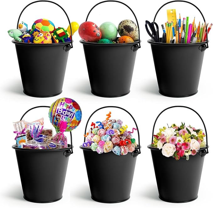 Small Metal Buckets with Handle 6 Pcs – Galvanized Bucket Leak Proof & Rust Resistant 48 fl oz Capacity - Best for Party Décor, Halloween & Decorating Classrooms (Black, Large 6.3" Top)