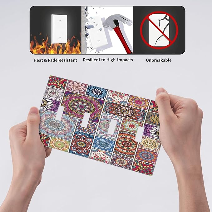 Morocco Talavera Mexican Tiles Printed Colroful Mandala Quad Toggle Light Switch Covers 4 Gang Wall Plate Decorative Switchplate Electrical Faceplate for Kitchen Bathroom Bedroom Decor